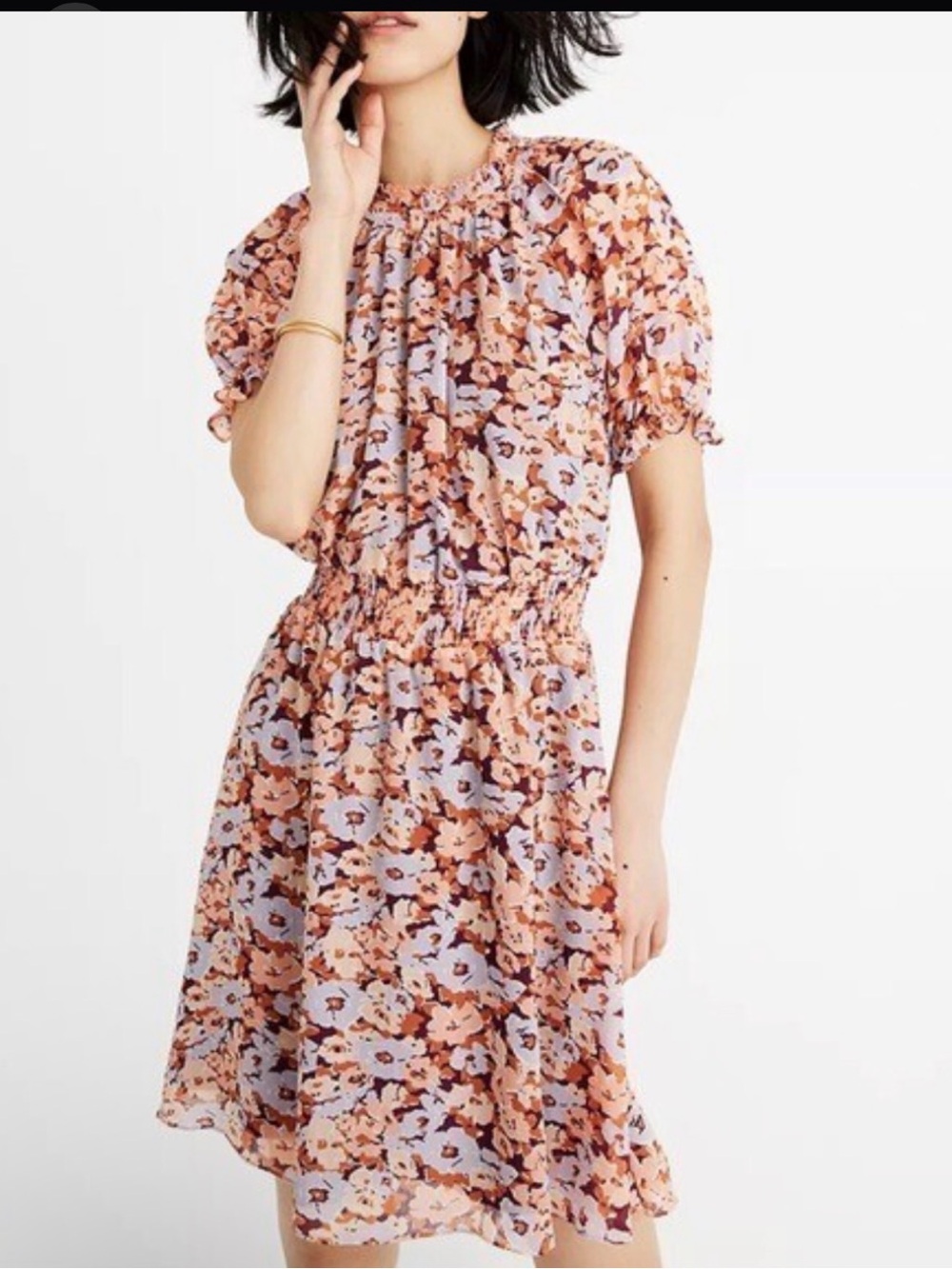 Madewell Peach Floral Short Sleeve Smocked Waist Dress